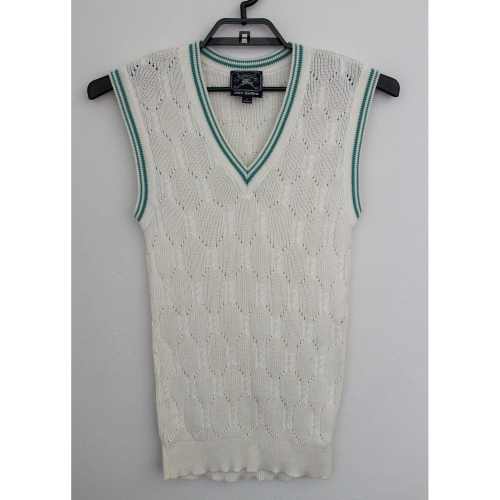 Burberrys Sweater Vest Large White Green‎ Cotton Knit V-Neck Vintage Golf